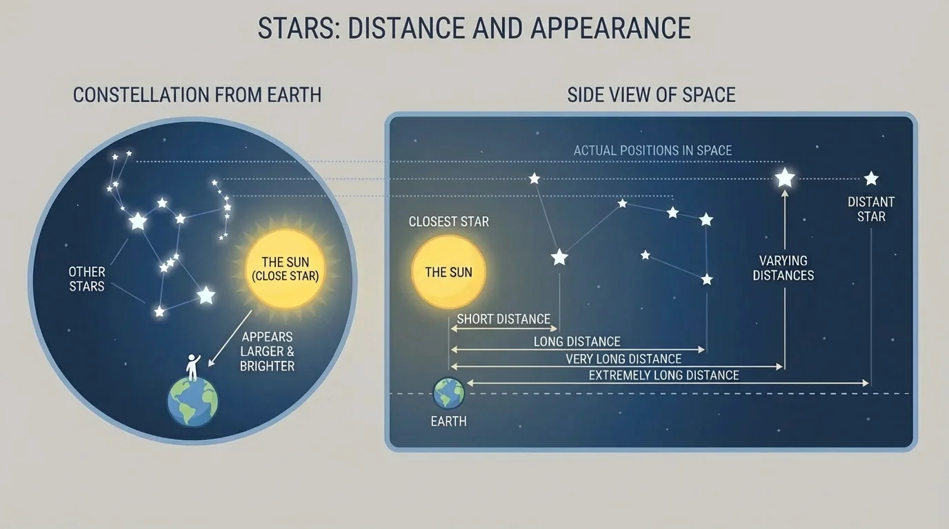 Constellation pattern seen from Earth with connected stars, plus a side view showing those stars at different distances in space
