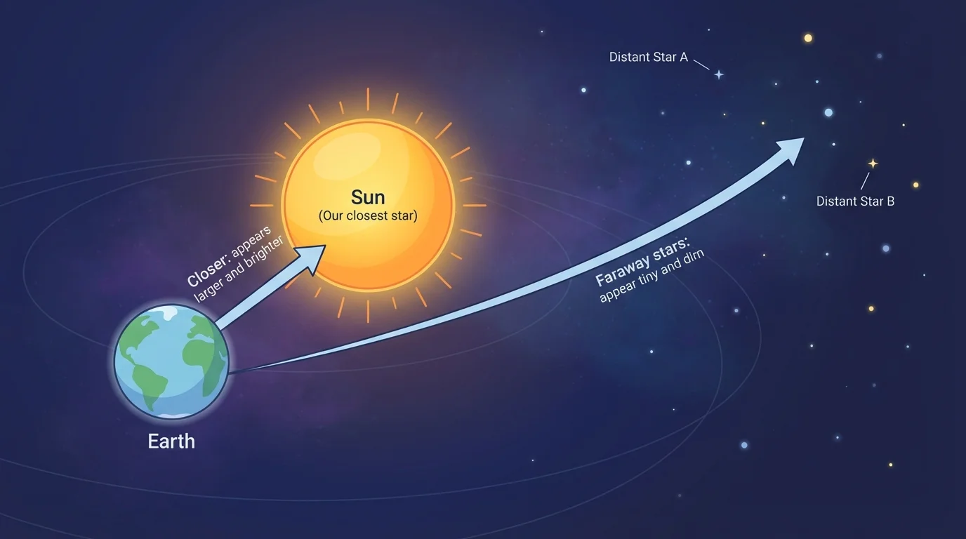 Earth with a nearby Sun and several faraway stars, showing that the closer star appears larger and brighter while distant stars appear tiny