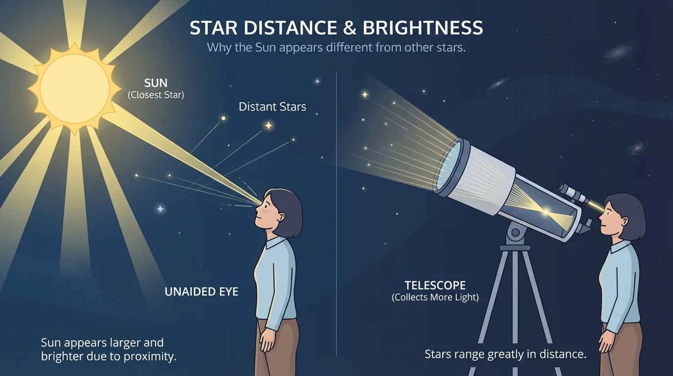 Person viewing stars with eyes and a telescope beside them, showing the telescope collecting more light from distant stars