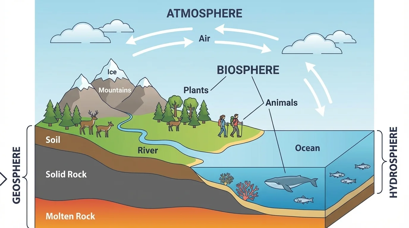 Labeled Earth scene showing mountains, soil, river, ocean, clouds, air, plants, animals, and humans with labels geosphere, hydrosphere, atmosphere, and biosphere