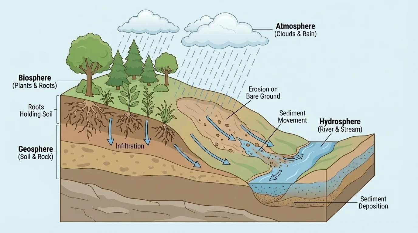 Hillside cross-section showing rain falling on a slope, plant roots holding soil, erosion on bare ground, and sediment moving into a stream
