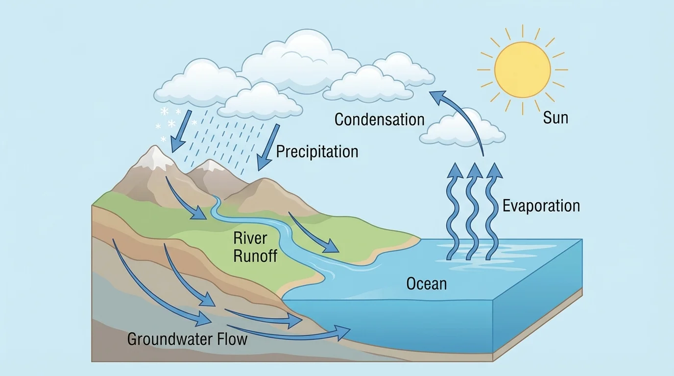 Water cycle diagram showing ocean, Sun, evaporation, clouds, condensation, precipitation, river runoff, and groundwater flow