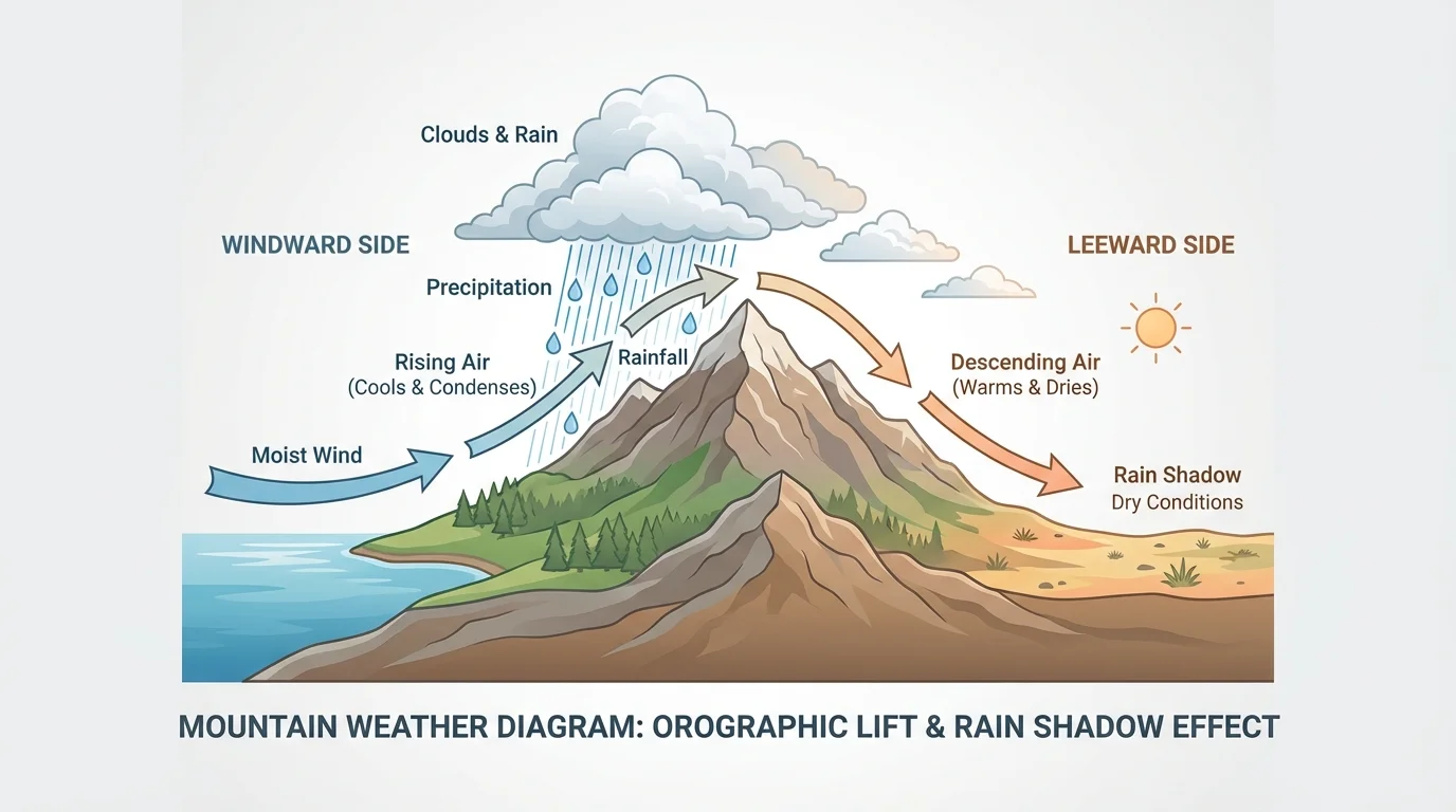 Mountain weather diagram showing moist wind blowing toward a mountain, rising air, clouds and rain on the windward side, and dry descending air on the leeward side