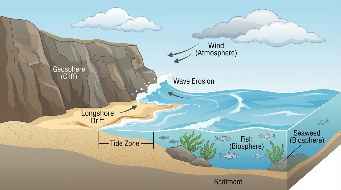 Coastal scene showing waves shaping a beach and cliff, sand moving along shore, tide zone, fish in shallow water, and seaweed near rocks
