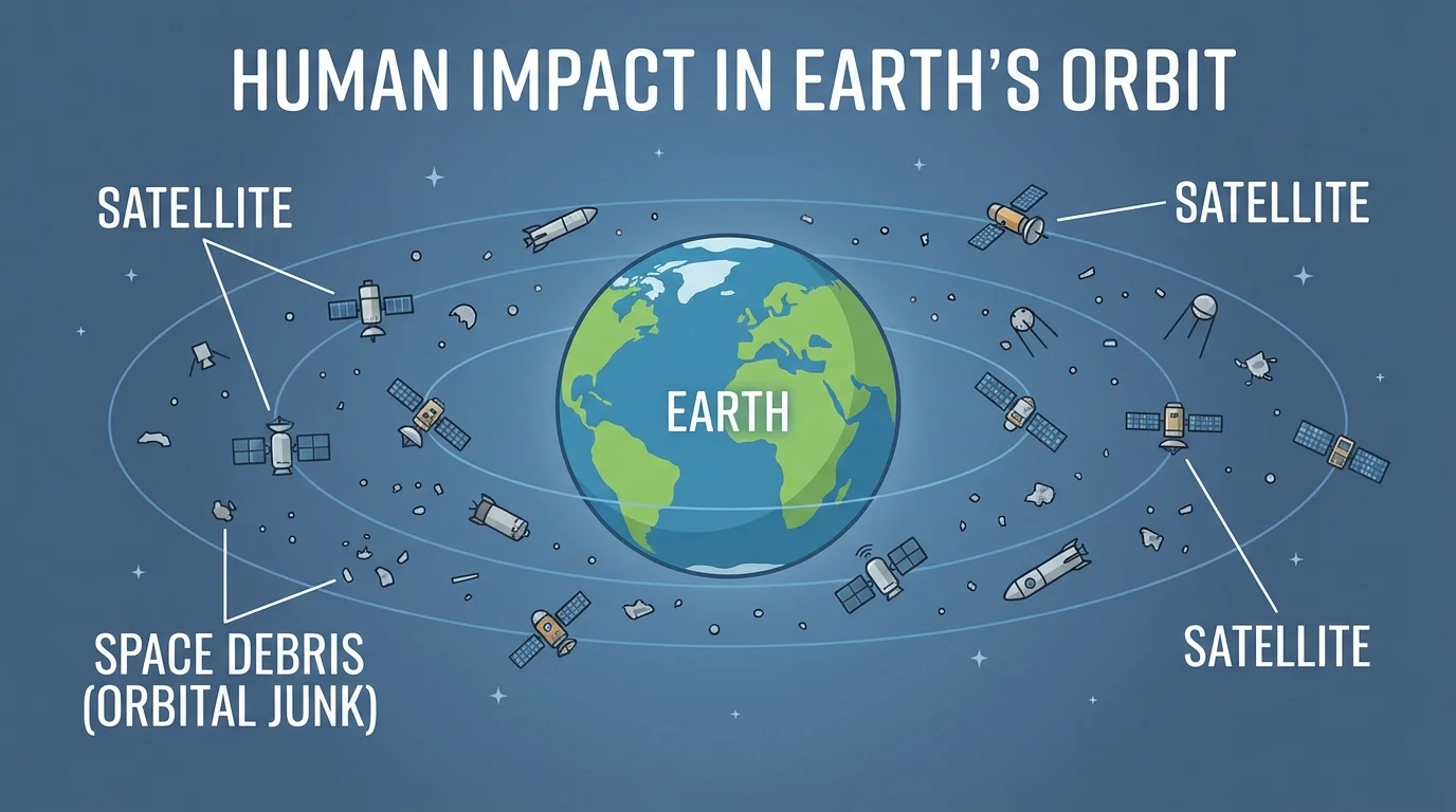 diagram of Earth with satellites in orbit and small pieces of space junk circling nearby