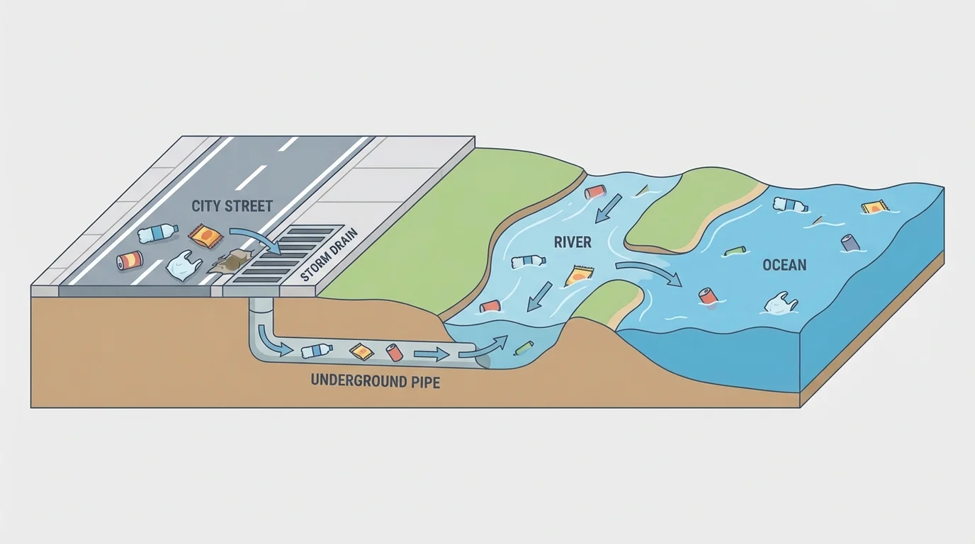 diagram of litter on a city street entering a storm drain, moving to a river, then reaching the ocean