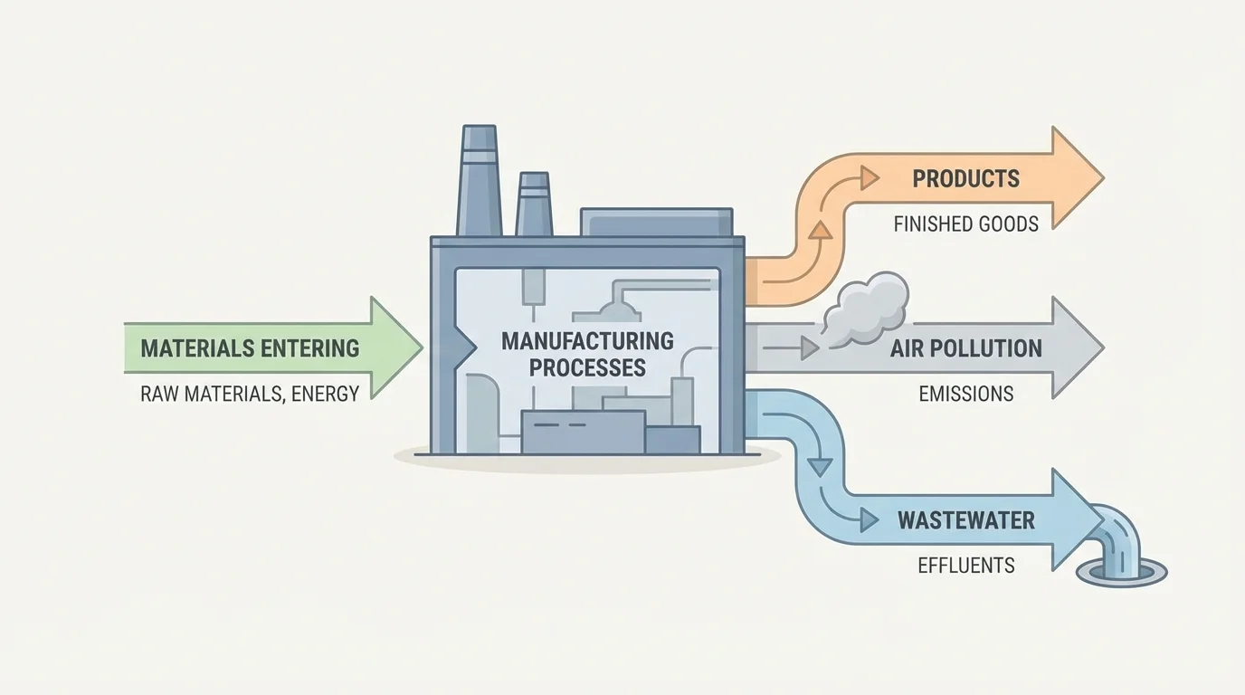 flowchart showing materials entering a factory and products, air pollution, and wastewater leaving it