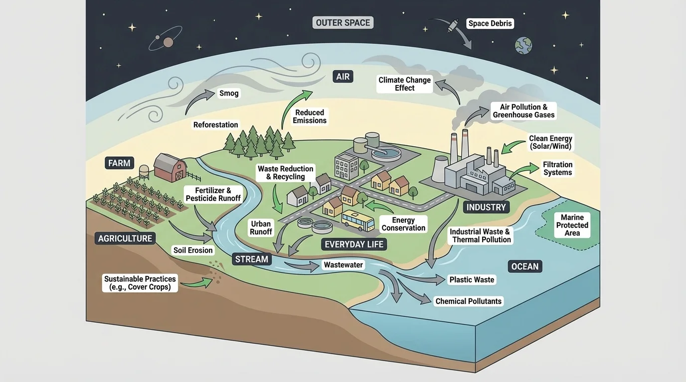 diagram of a farm, stream, town, ocean, and sky with arrows showing how pollution and resources move between systems