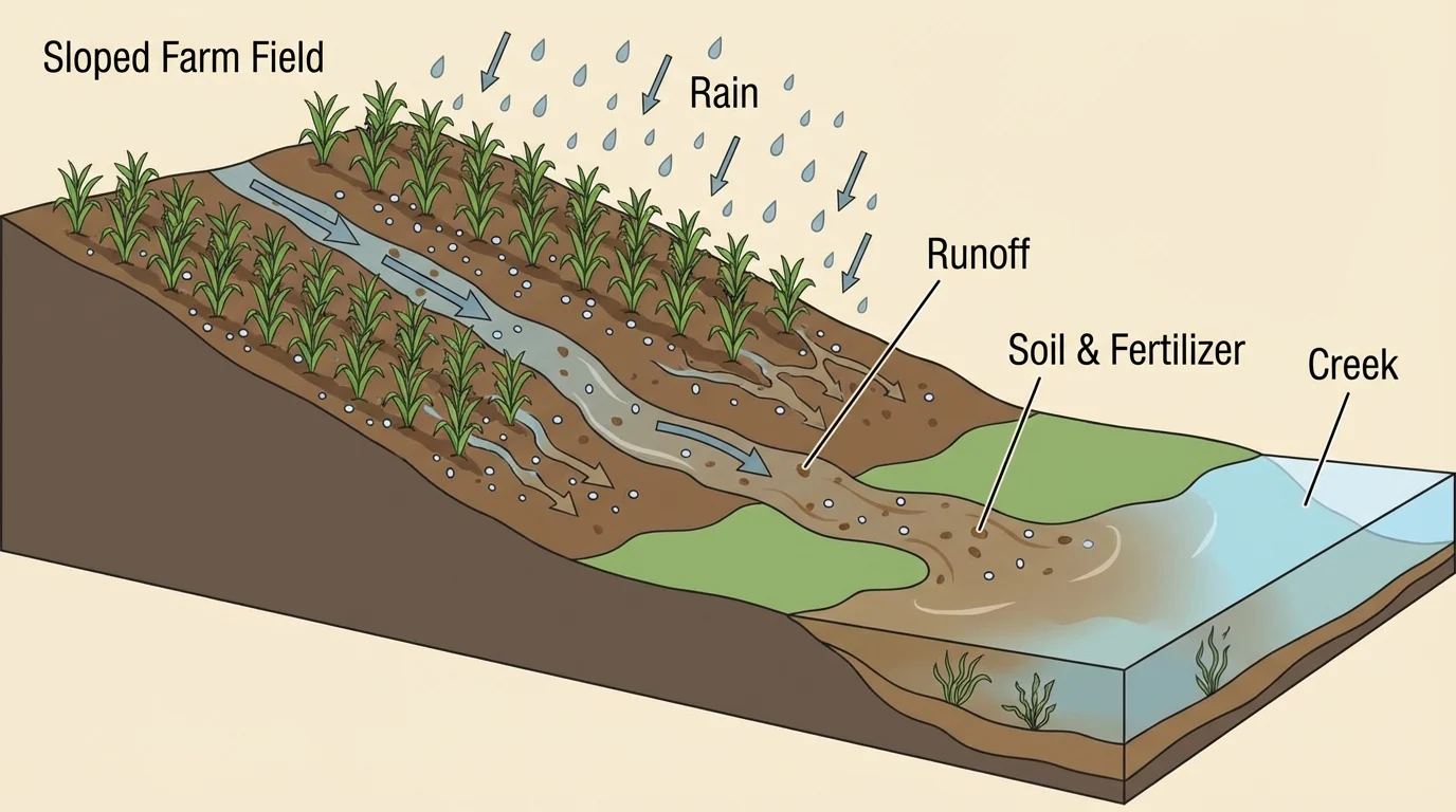 illustration of a sloped farm field with rain runoff moving soil and fertilizer into a nearby creek
