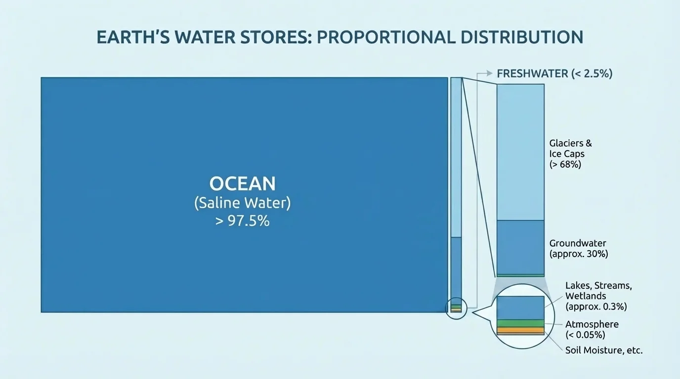 chart comparing Earth's water stores with a very large ocean portion, smaller glaciers and ice caps portion, groundwater portion, and tiny lakes streams wetlands atmosphere portion