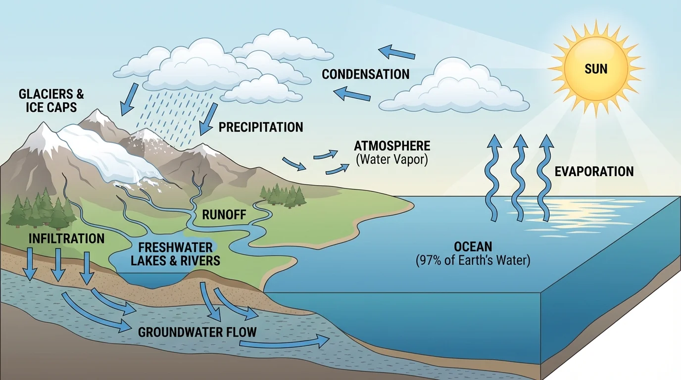 water cycle with ocean, sun, clouds, mountain, river, arrows for evaporation, condensation, precipitation, runoff, infiltration, and groundwater flow