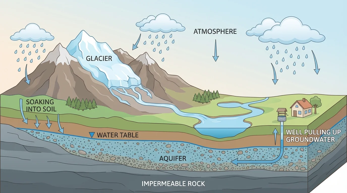 cross-section of land with a glacier on a mountain, rain soaking into soil, underground aquifer, water table, rock layers, and a well pulling up groundwater