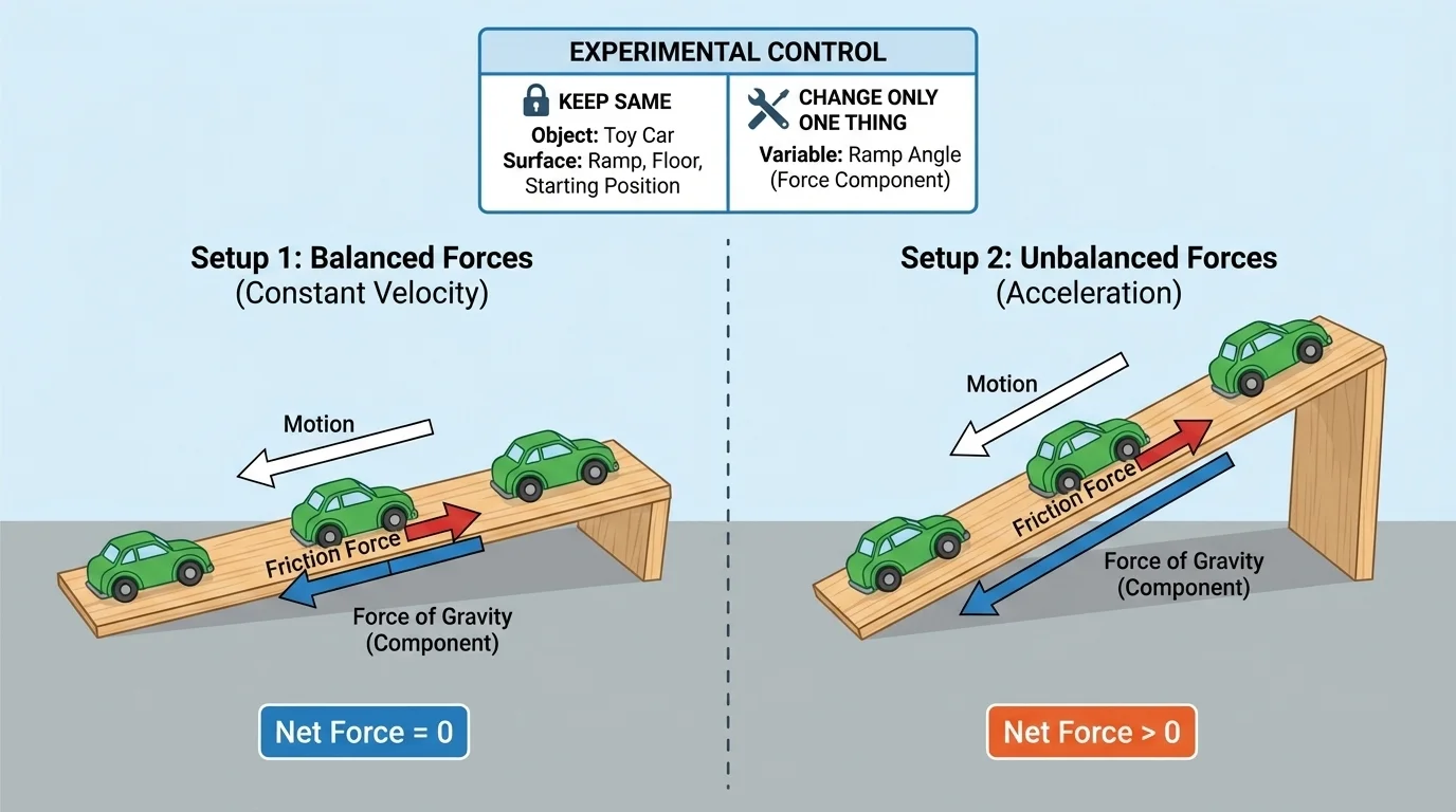 Toy car investigation setup on the same ramp and floor, with labels showing keep same object and surface, change one thing only