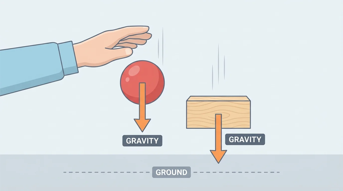 Ball released from a child's hand with arrows pointing downward labeled gravity, plus another object also falling straight down