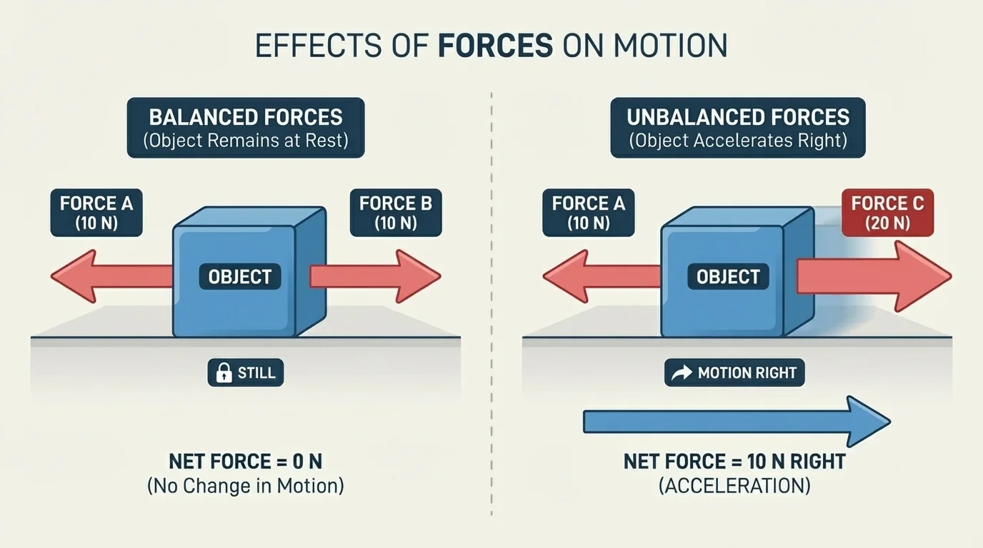 Two boxes side by side, one with equal opposite arrows staying still and one with stronger force to the right causing motion right