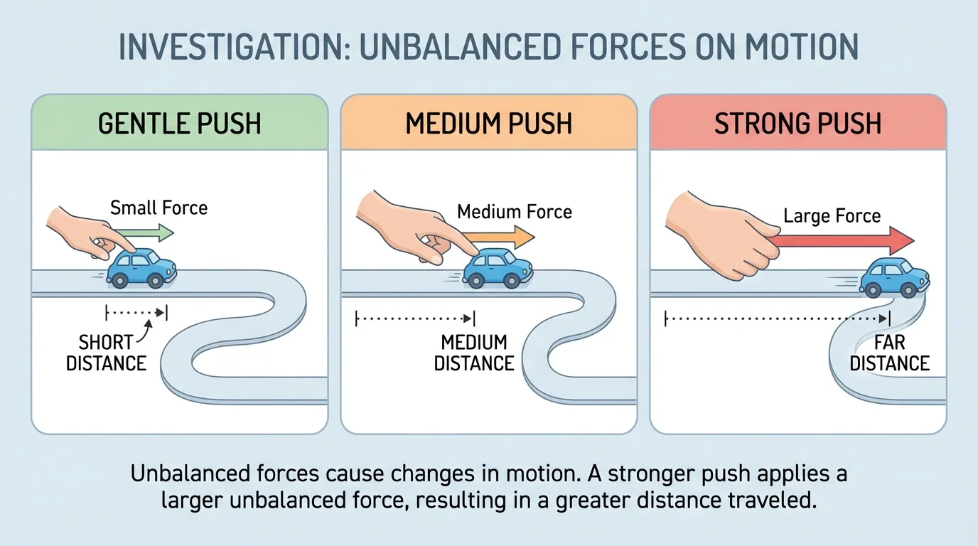 Simple child-friendly chart with gentle, medium, and strong push columns and toy car rolling short, medium, and far distances
