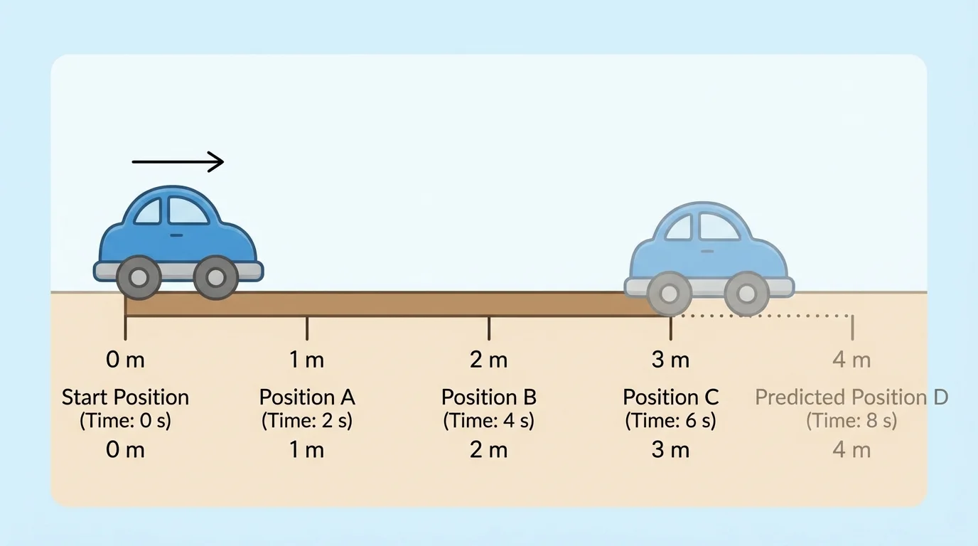 child-friendly illustration of a toy car moving along a floor line marked at equal distances with labels for start and later positions