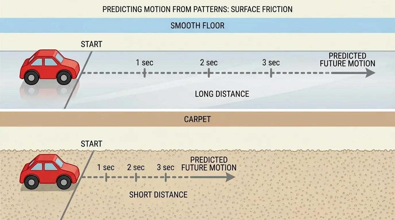 split illustration showing a toy car traveling farther on smooth floor and shorter distance on carpet