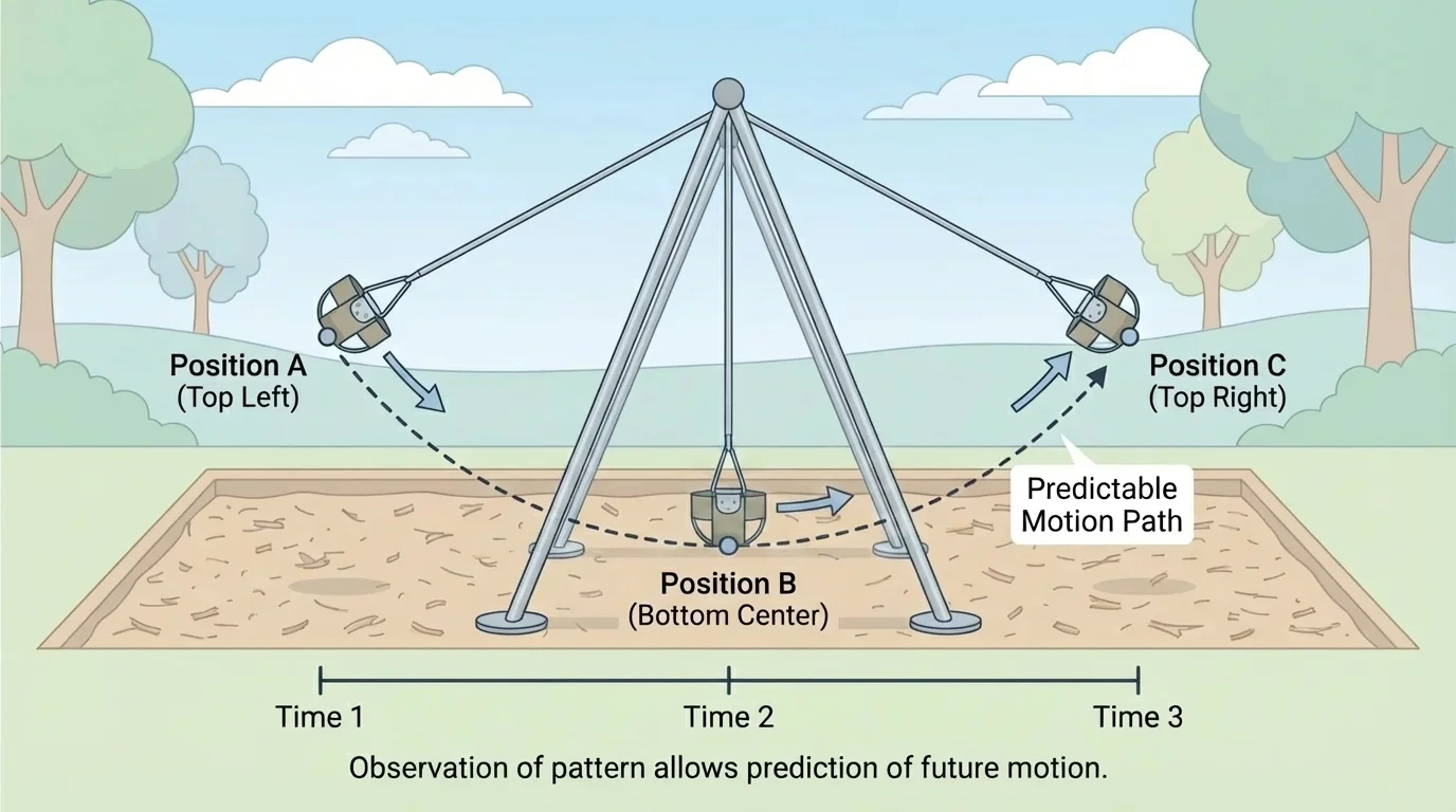 diagram of a playground swing at left, middle, and right positions along the same arc