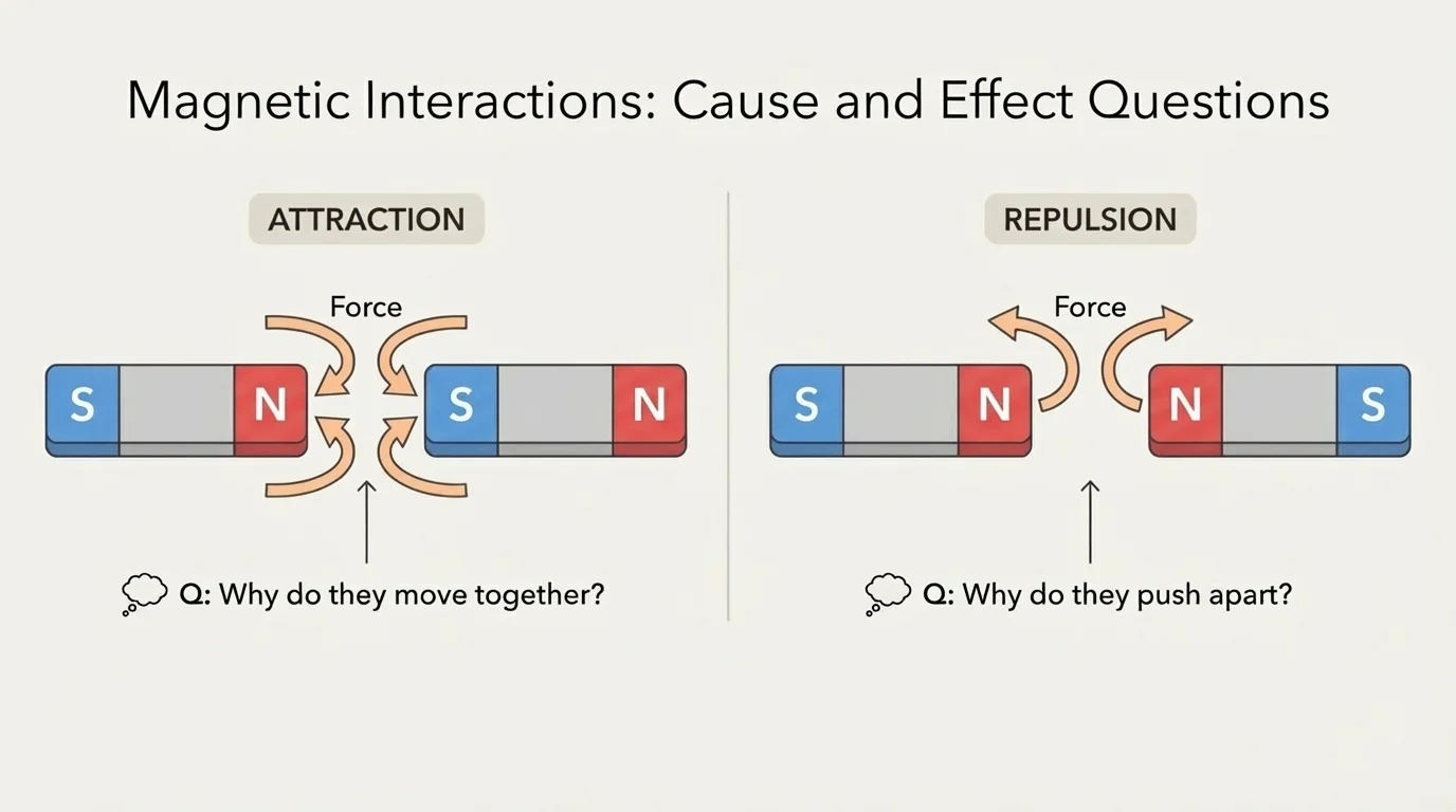 two bar magnets with north and south poles labeled, one pair arranged to attract and one pair arranged to repel
