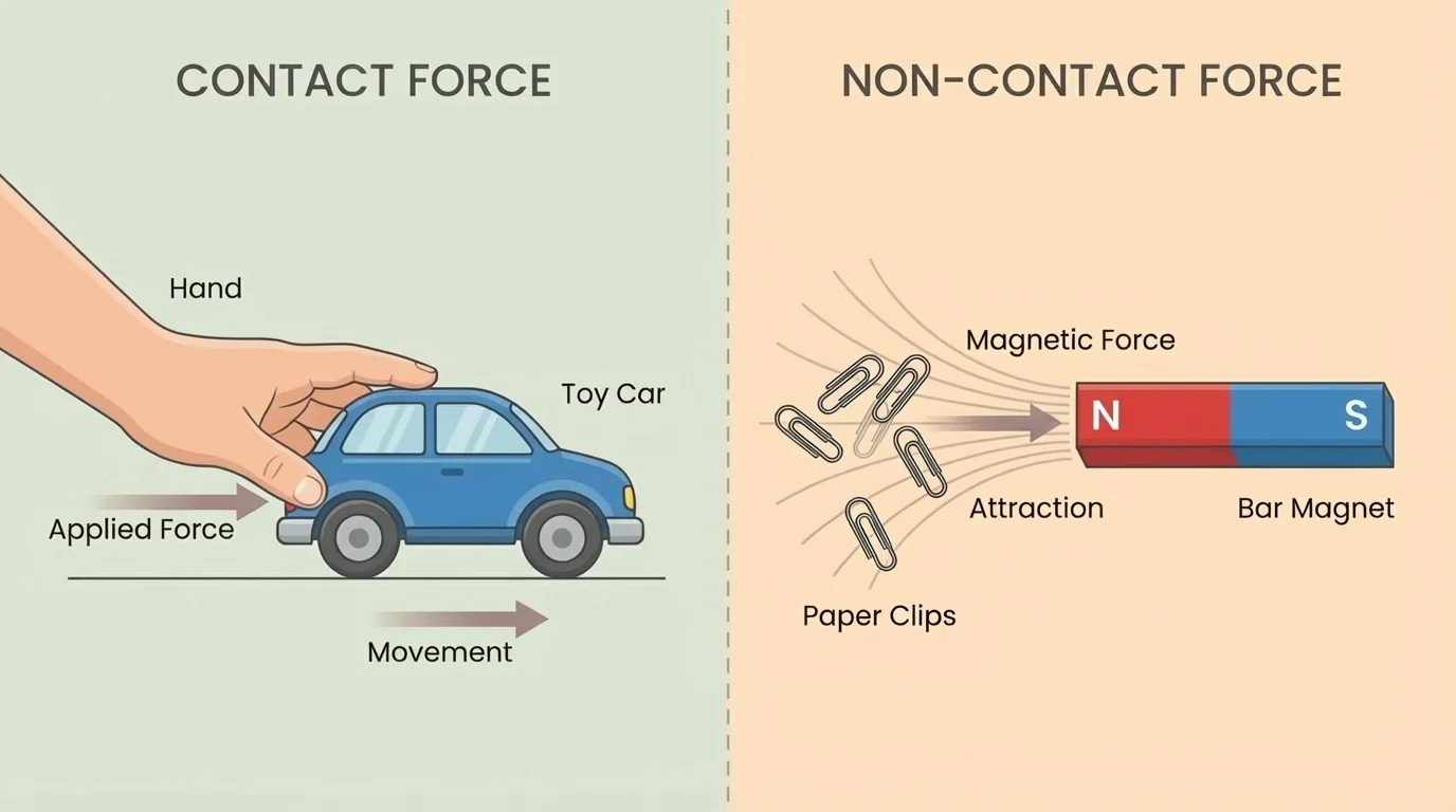 child pushing a toy car by touch on one side and a magnet pulling paper clips without touching on the other side, showing contact force versus non-contact force