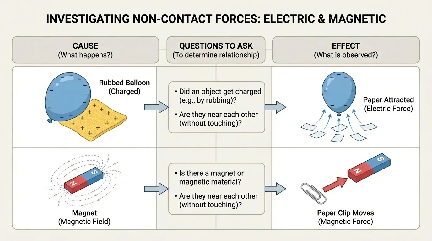 simple two-column cause and effect chart with one row for balloon attracting paper and one row for magnet moving paper clip