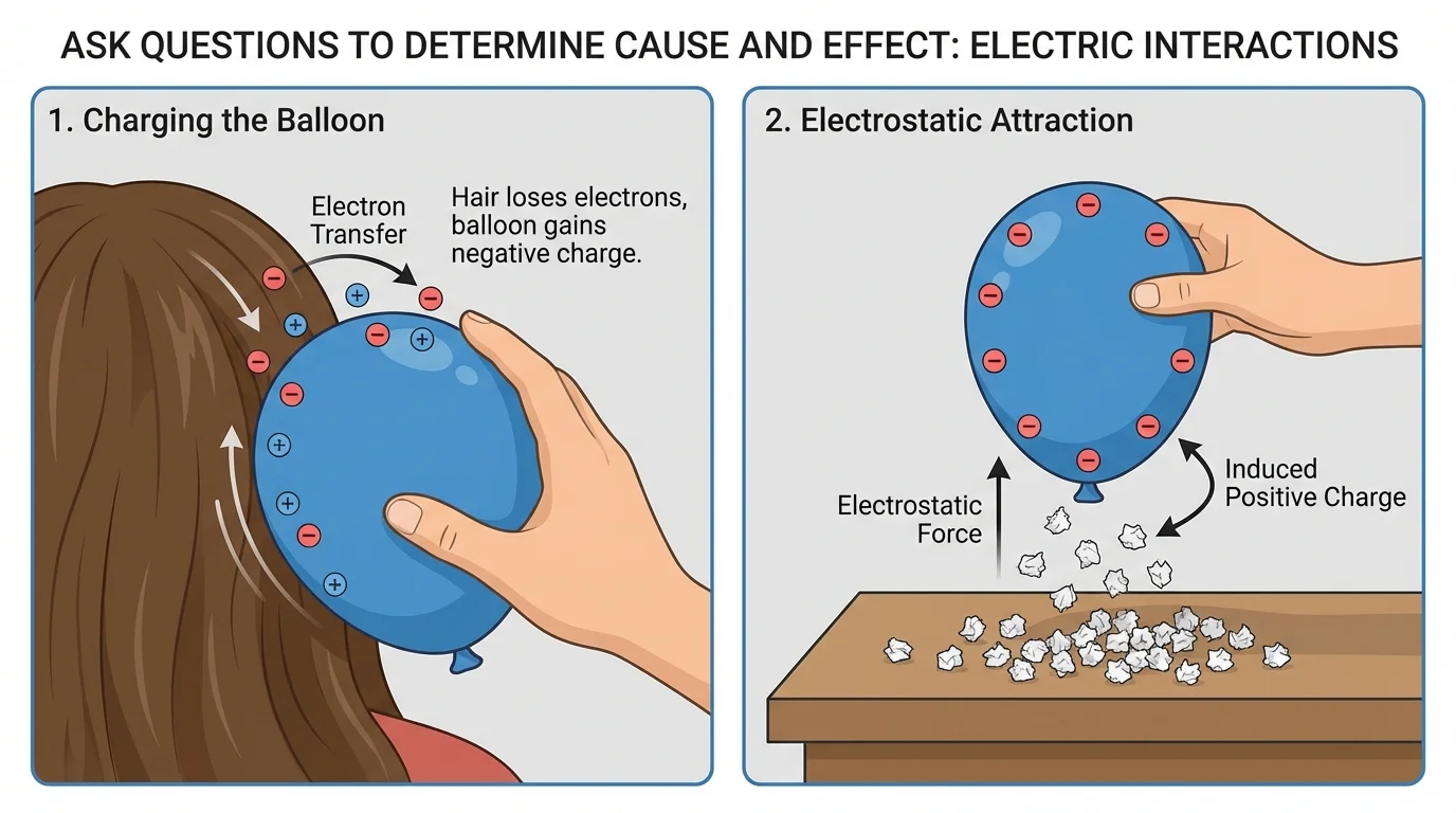 balloon being rubbed on hair, then held above tiny paper bits that lift off a table toward the balloon