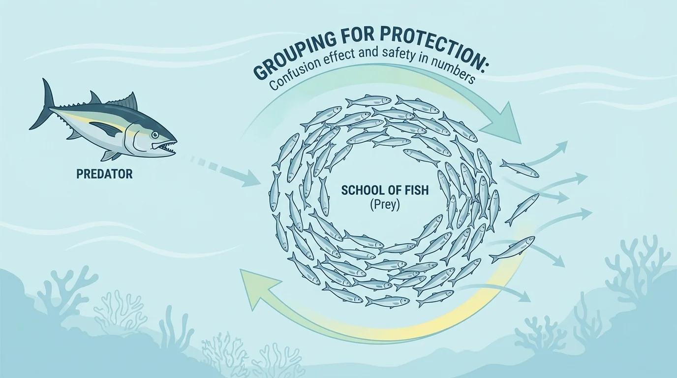 School of fish swimming tightly together with a larger fish nearby, showing how grouping can help protect members