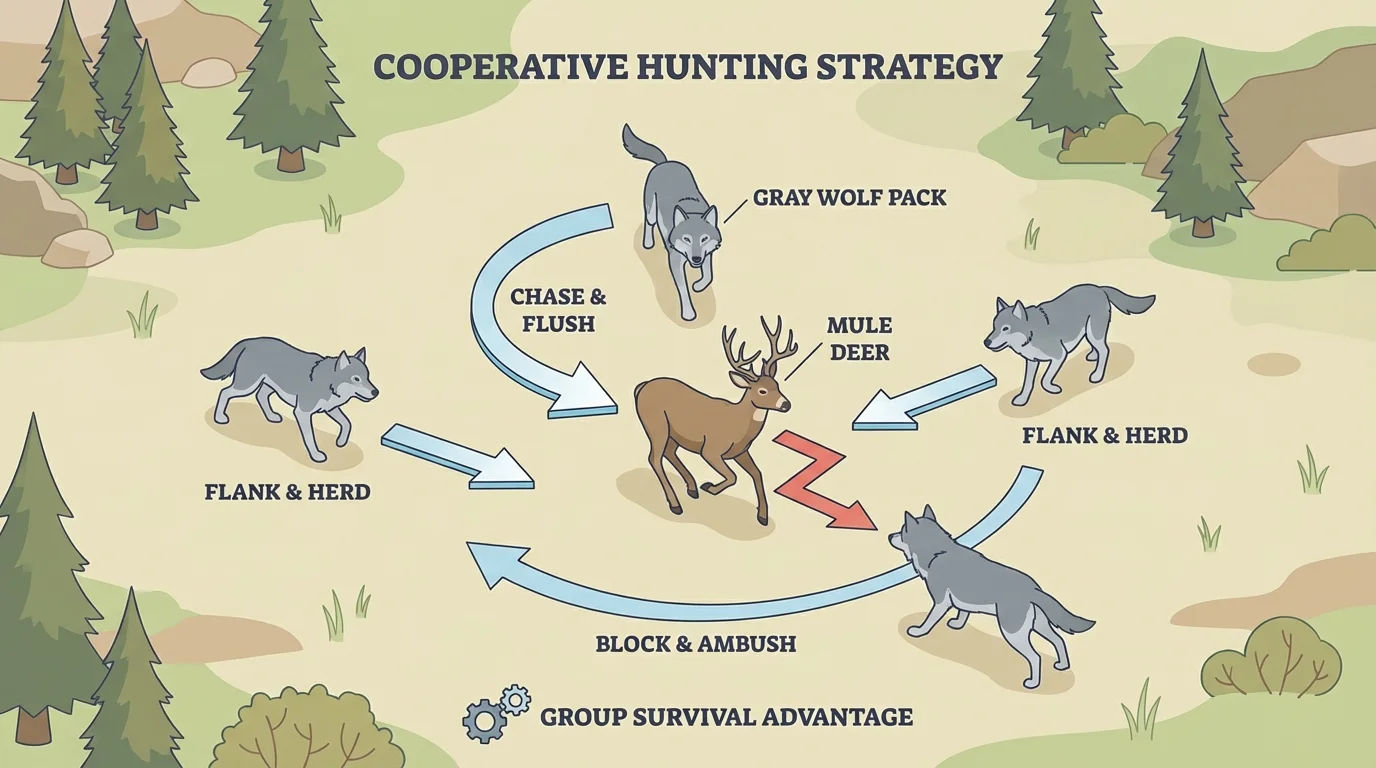 Small pack of wolves working together to surround a deer, with arrows showing teamwork in hunting