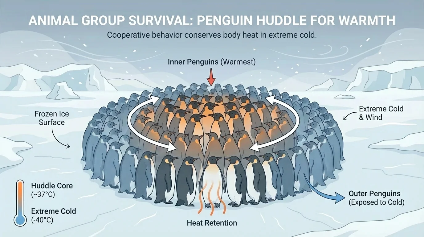 Penguins standing close together in a tight huddle on ice during cold windy weather