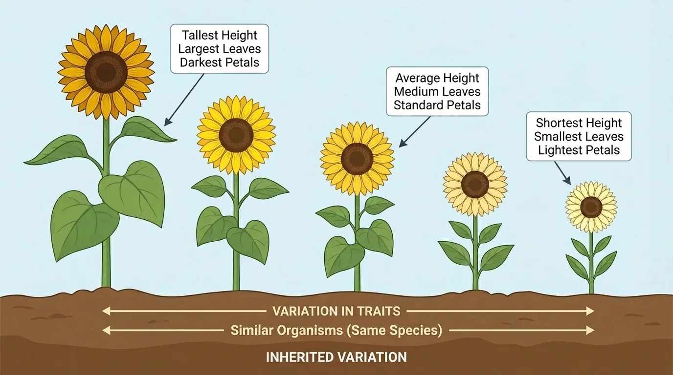 Row of sunflower plants of the same kind with different heights, leaf sizes, and petal shades for comparing variation