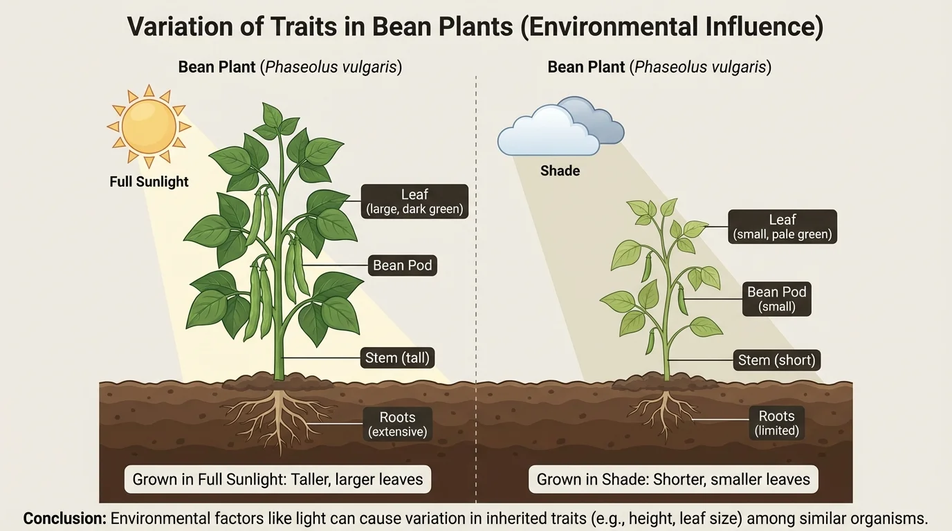 Two bean plants of the same kind, one growing in full sunlight and one in shade, showing differences in height and leaf size