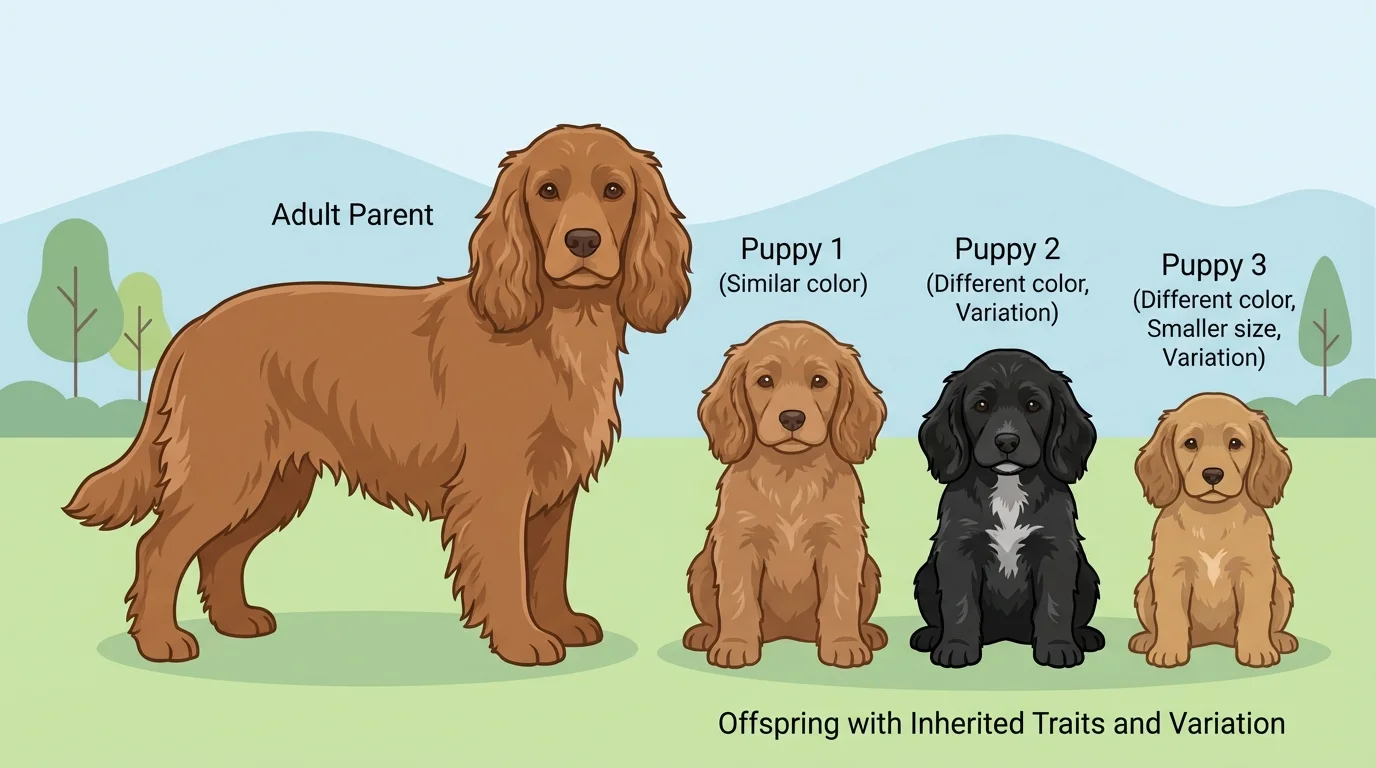 Adult dog with three puppies showing similar ear shape and fur type, but different fur colors and slightly different sizes