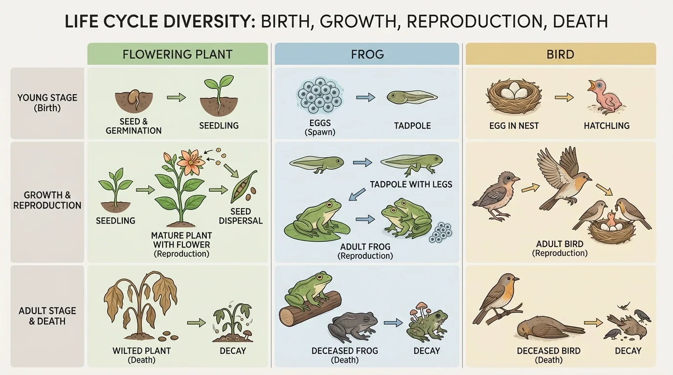 Three-column comparison chart showing broad stages for a flowering plant, frog, and bird from young stage to adult stage