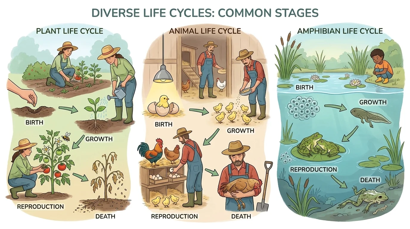 Illustration with three scenes: a gardener checking plant growth, a farmer caring for young chickens, and a pond habitat supporting frog life stages