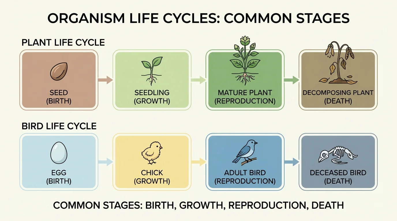 Flowchart-style science models showing life stages as boxes with arrows, including a seedling to plant example and a chick to adult bird example