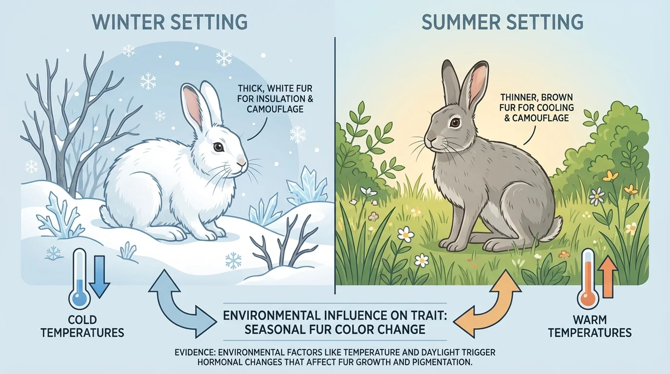 Rabbit shown in two seasonal settings, one with thick winter fur in snowy surroundings and one with thinner fur in warmer grassy surroundings