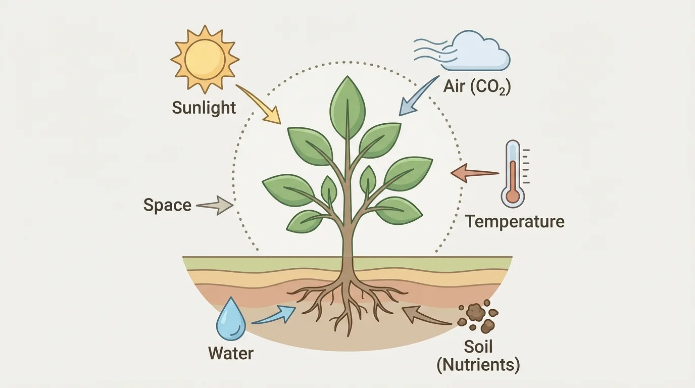 Labeled plant diagram with arrows pointing to sunlight, water, soil, air, temperature, and space around the plant