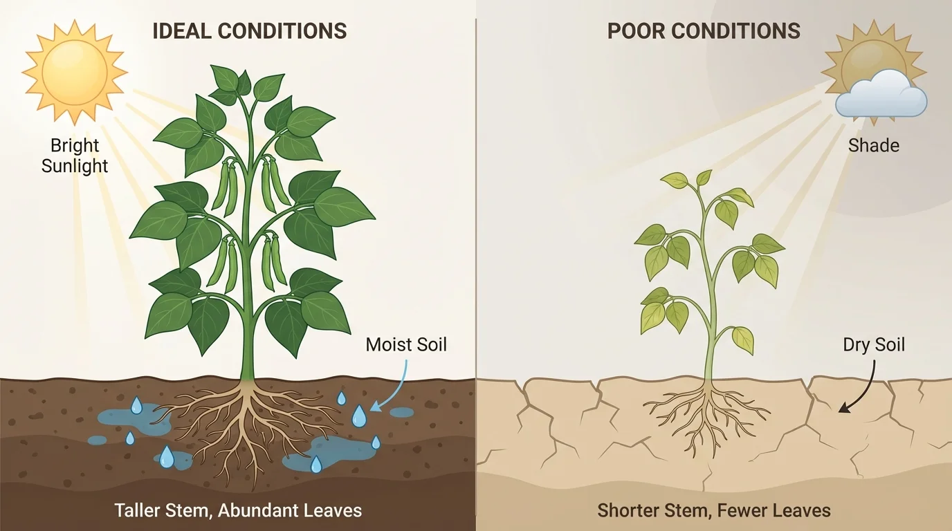 Side-by-side bean plants of the same kind, one tall and leafy in bright sunlight with moist soil, one shorter with fewer leaves in shade and dry soil