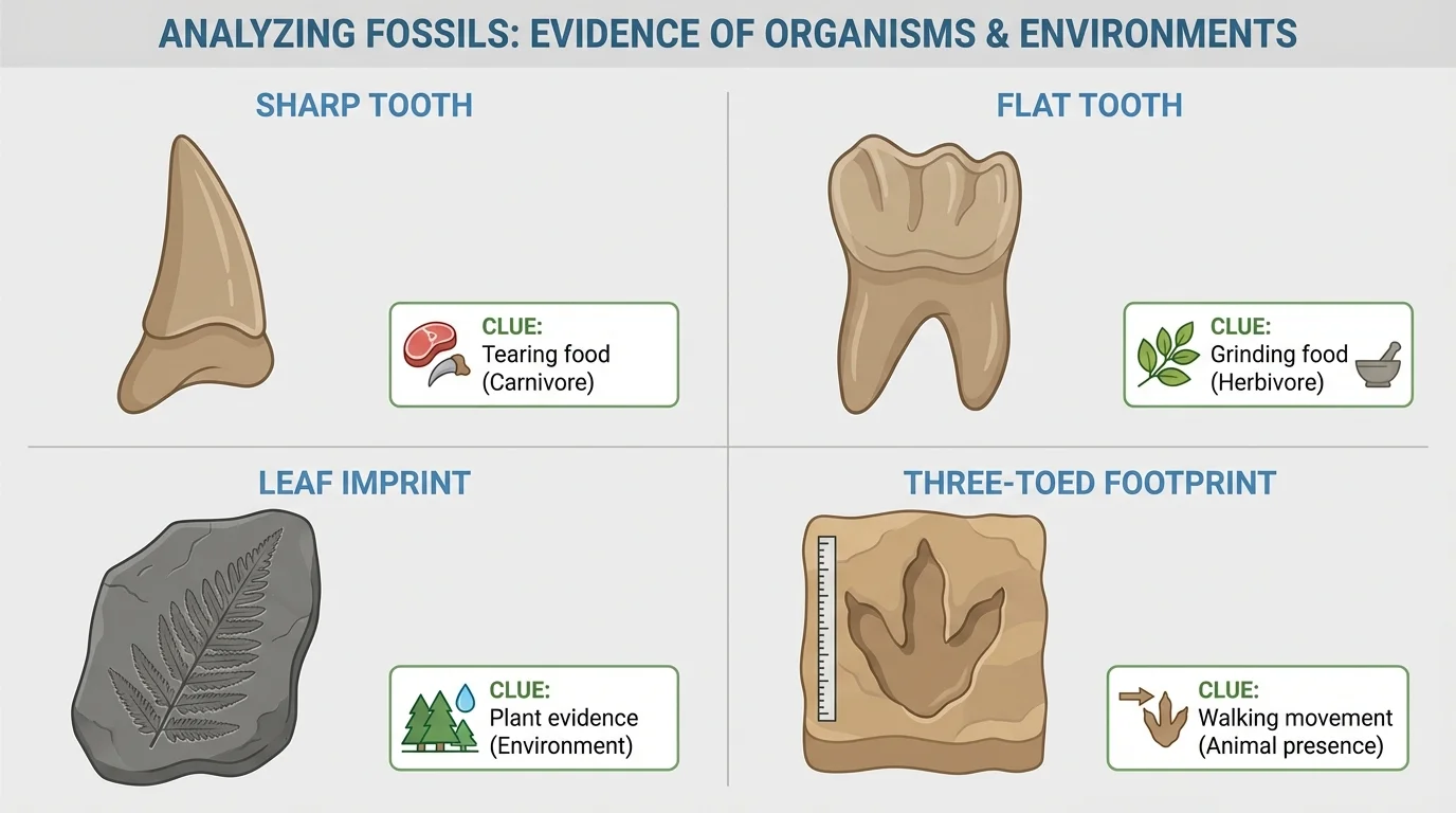 Four-panel comparison of a sharp tooth, a flat tooth, a leaf imprint, and a three-toed footprint, each paired with a simple clue such as tearing food, grinding food, plant evidence, and walking movement