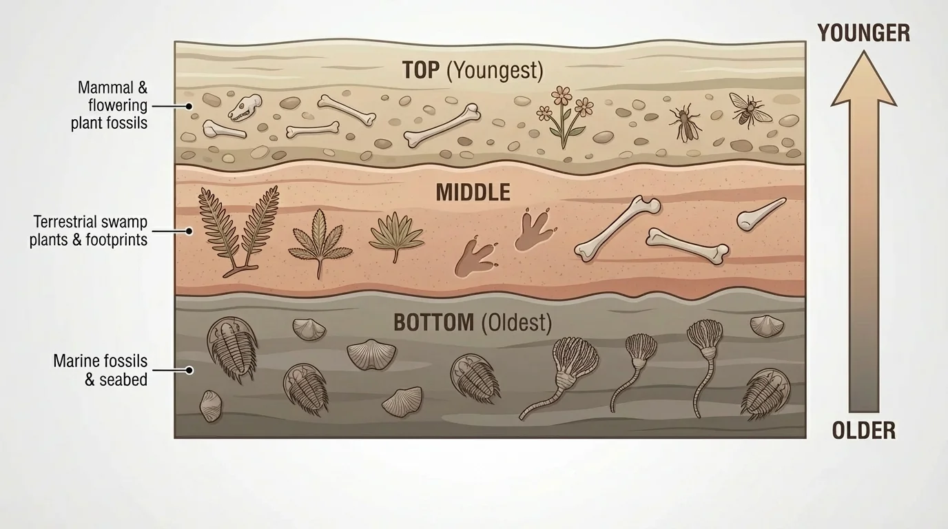 Vertical stack of three rock layers labeled top, middle, and bottom, with different fossils in each layer and arrows indicating bottom older and top younger