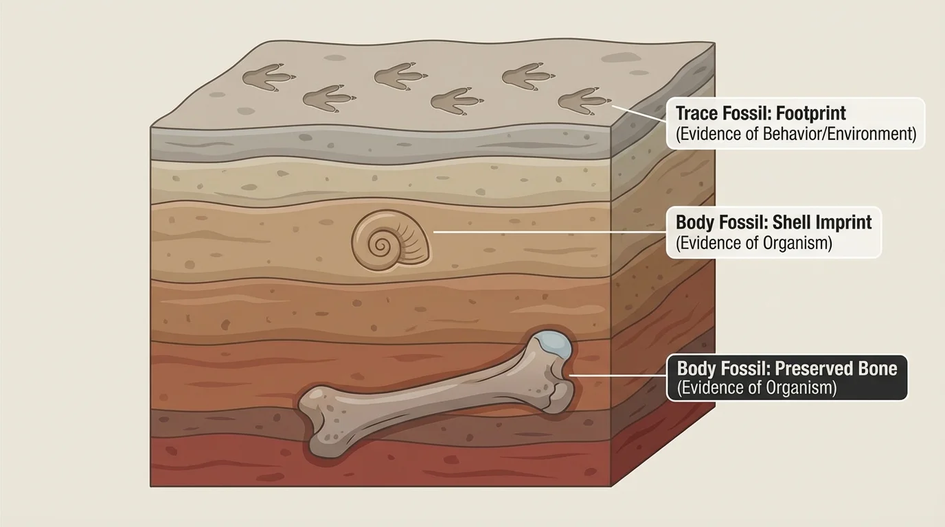 Cross-section showing sediment layers with a preserved bone, a shell imprint, and a footprint trace fossil, each clearly labeled as body fossil or trace fossil