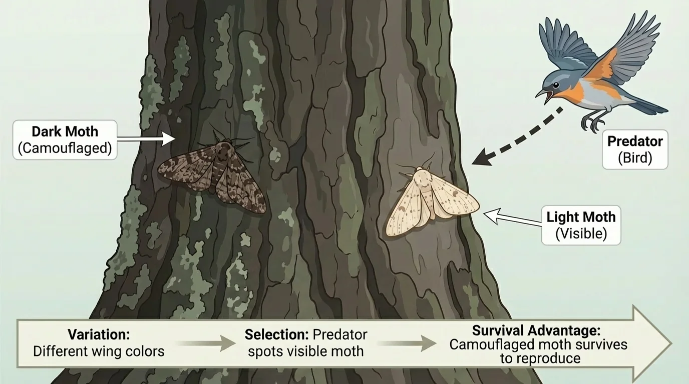 Moths of the same species on tree bark, one blending in and one easy to see by a bird