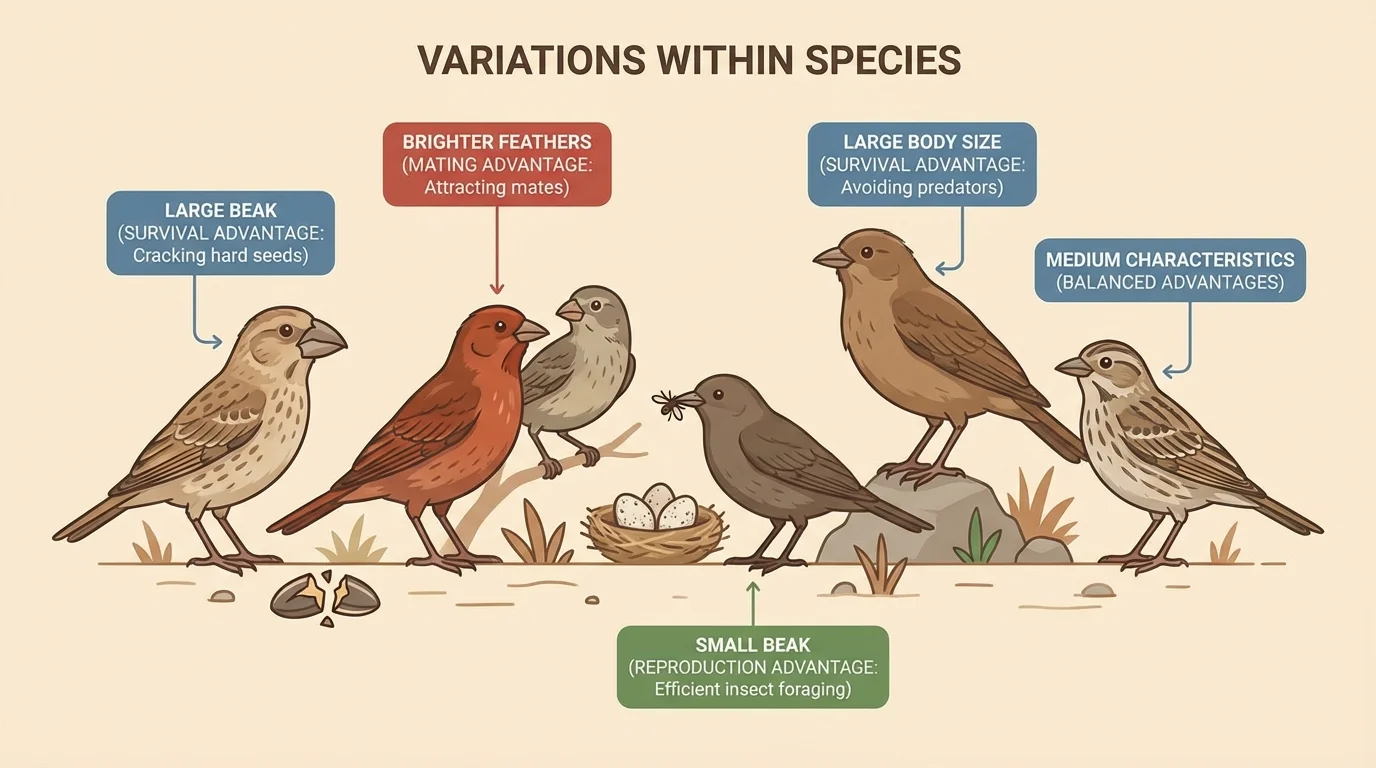 Several birds of the same species with different beak sizes, feather shades, and body sizes standing together