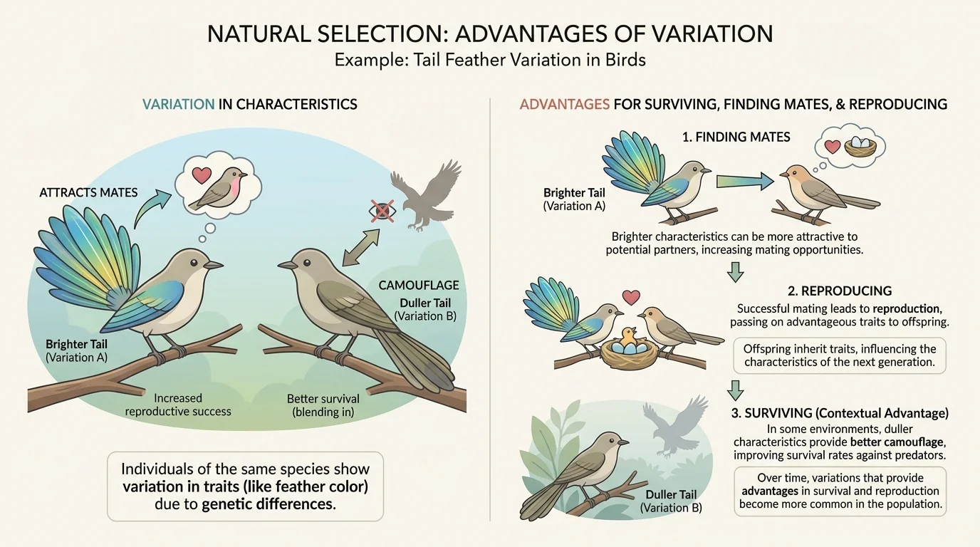 Two birds of the same species, one with brighter tail feathers displaying while another has duller feathers