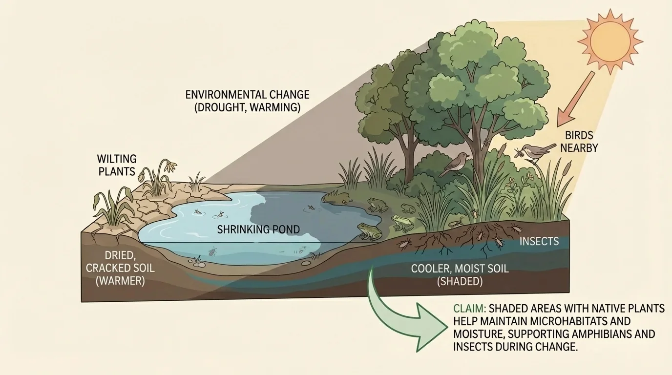 Small shaded area and native plants around a shrinking pond, with cooler dark soil under shade, frogs resting there, insects among grasses, and birds nearby