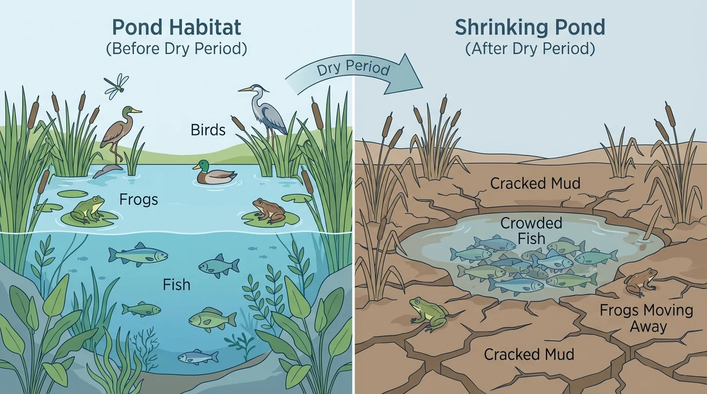 Pond habitat before and after a dry period, showing a full pond with reeds, fish, frogs, and birds on one side, and a smaller shrinking pond with cracked mud, fewer plants, crowded fish, and frogs moving away on the other side