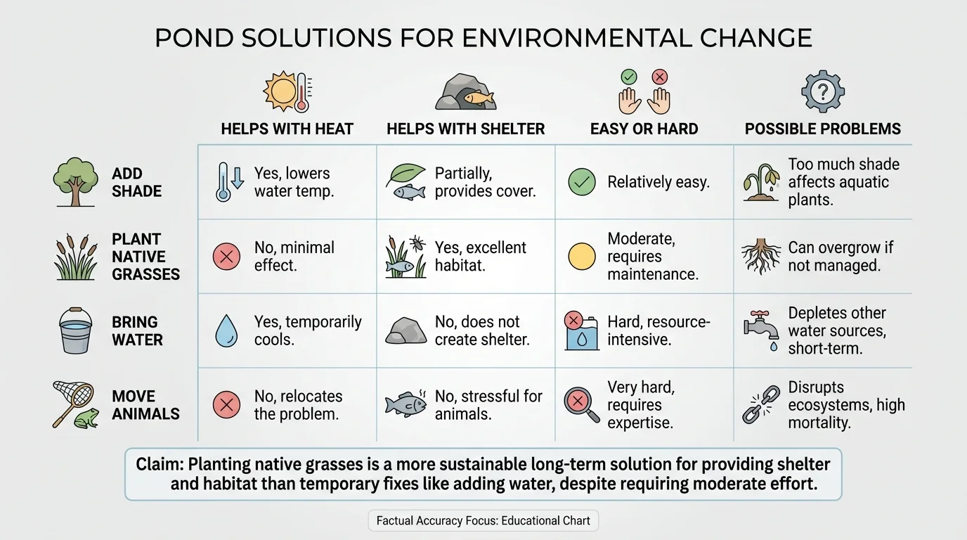 Simple comparison chart of pond solutions with four rows—add shade, plant native grasses, bring water, move animals—and columns for helps with heat, helps with shelter, easy or hard, and possible problems