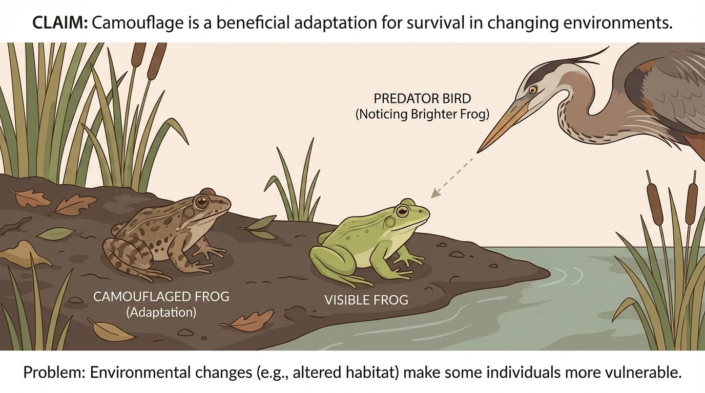 Two frogs of the same species at a muddy pond edge, one camouflaged and one more visible, with a bird predator noticing the brighter frog