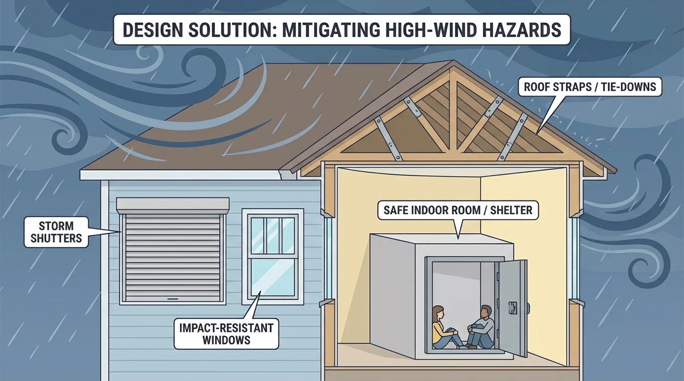 Labeled house with storm shutters, stronger windows, roof straps, and a safe indoor room during a high-wind storm